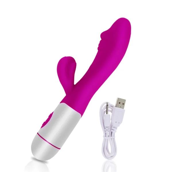 Vibrador de conejito silicona médica, doble estimulación, 10 modos vibración, recargable USB.