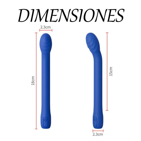 Diagrama con las medidas de un estimulador de punto G en centímetros, mostrando longitud total, longitud insertable y diámetro.