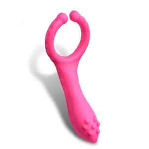 Vibrador para parejas de silicona rosa, mostrando su diseño ergonómico y textura suave.