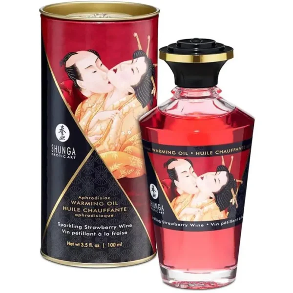 Aceite de Masaje Efecto Calor Fresa Shunga, 100ml, para masajes sensuales y estimulantes.