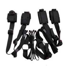 Kit de restricción erótico para cama, correas ajustables, cuerdas de sujeción, antifaz y pluma.