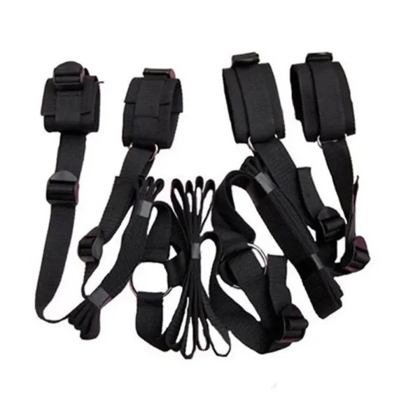 Kit de restricción erótico para cama, correas ajustables, cuerdas de sujeción, antifaz y pluma.